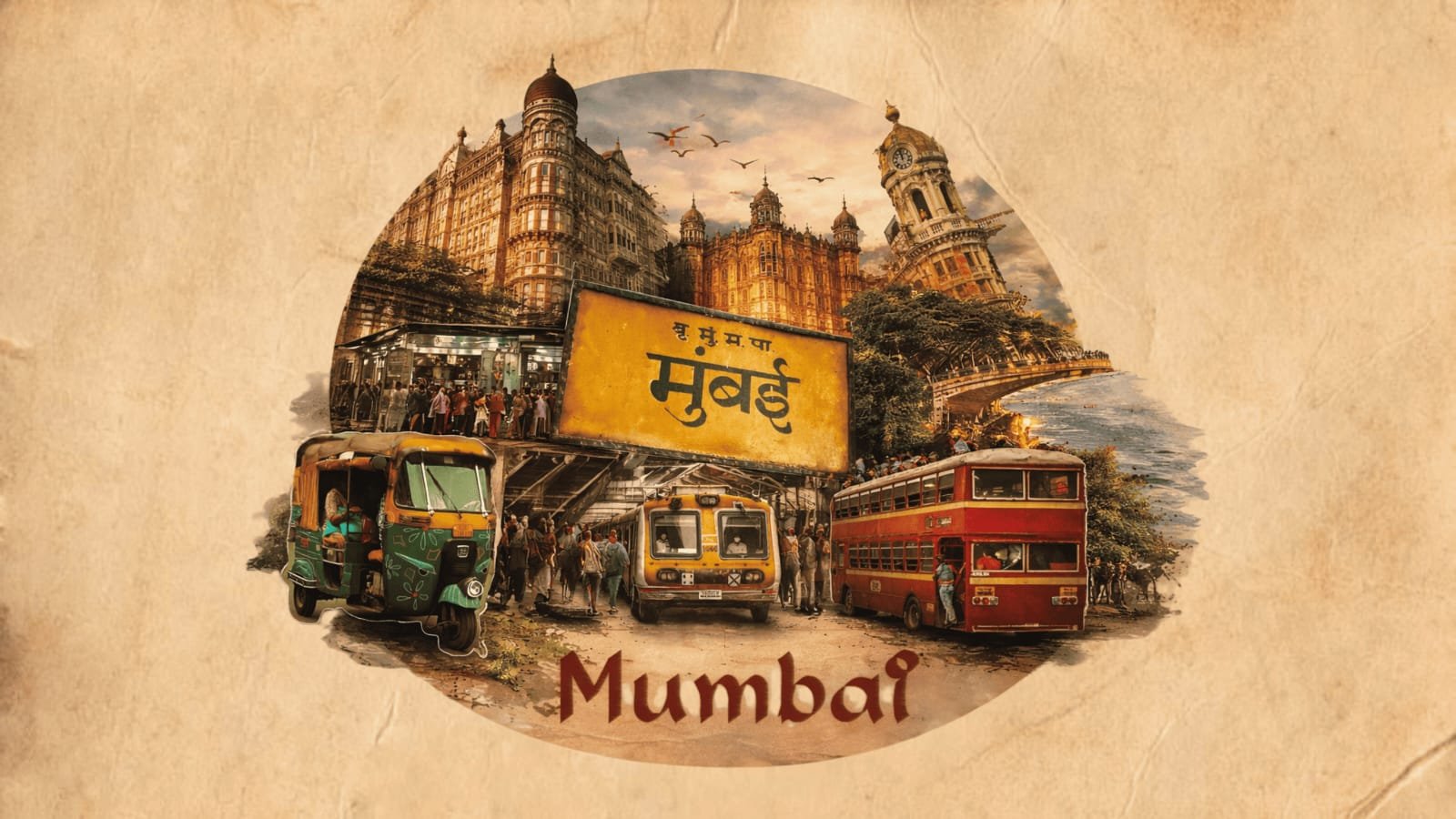 Vintage-style collage of Mumbai featuring the Mumbai railway station sign, Gateway of India, Chhatrapati Shivaji Maharaj Terminus, red double-decker bus, auto-rickshaw, local train, and iconic city landmarks representing the spirit and happiness of Mumbaikars.
