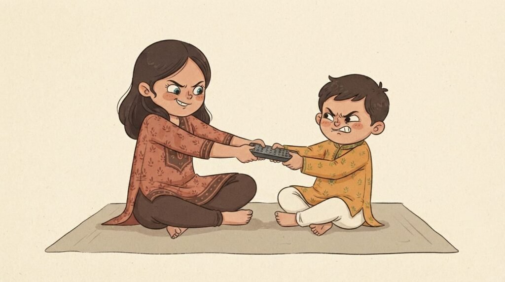Indian siblings playfully fighting over a television remote, showing the fun and relatable side of sibling relationships