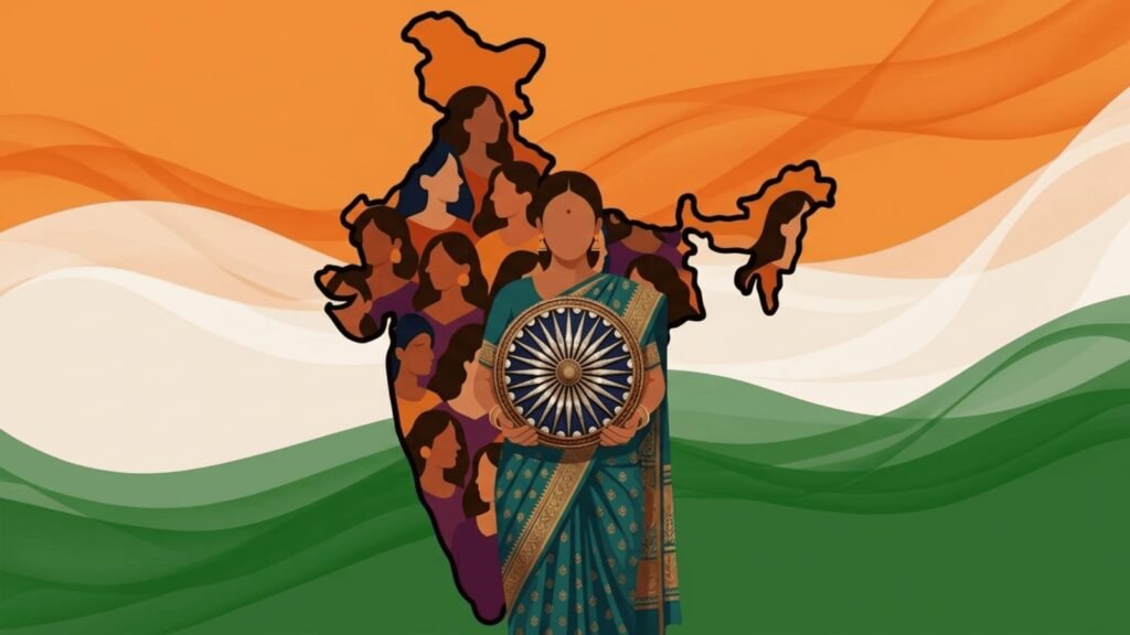 Indian woman holding the Ashoka Chakra with women and India map against the tricolour flag, symbolizing India's national flag.