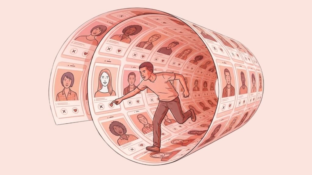 Person swiping through endless online dating profiles on a dating app
