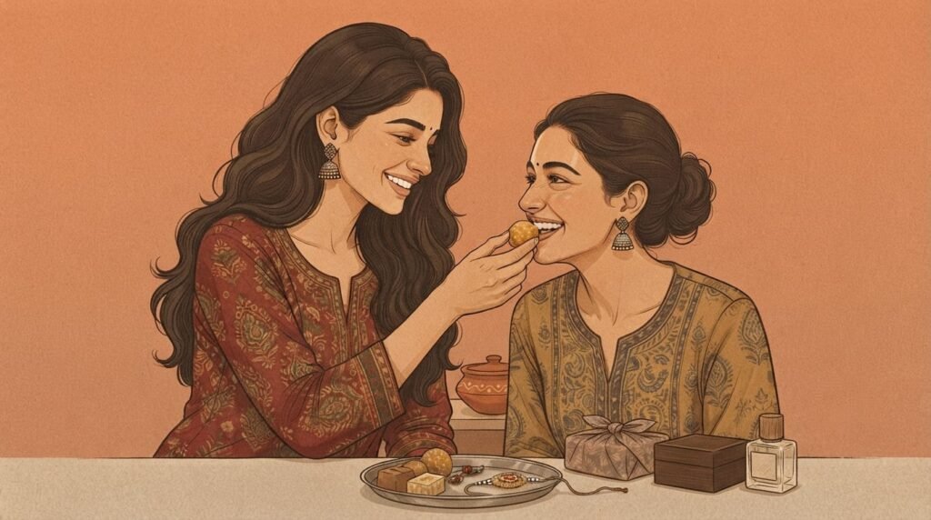 Sisters celebrating Raksha Bandhan and sharing sweets to celebrate sibling bonding