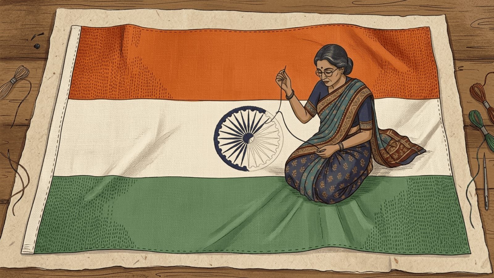 Indian woman spinning khadi beside the Indian tricolour flag, illustrating the history of India's national flag.