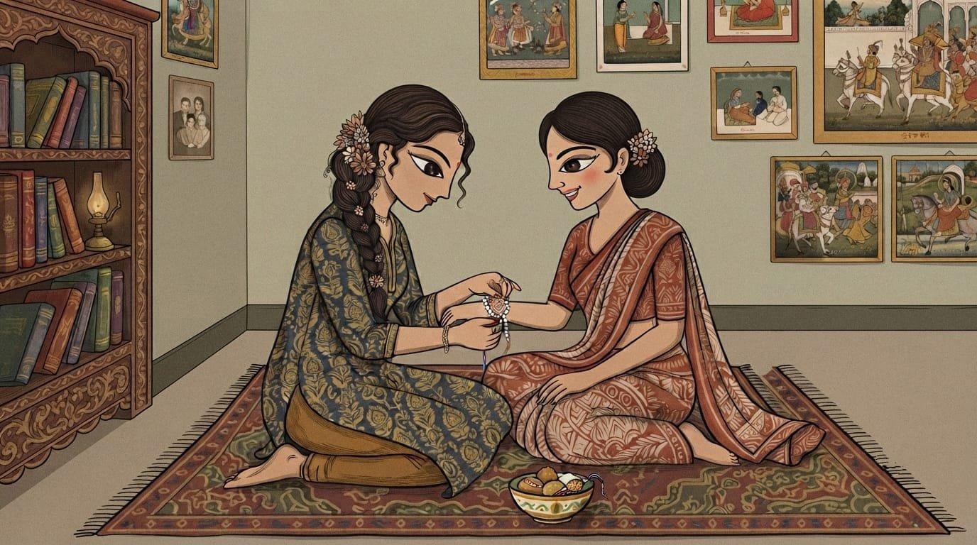 Sisters celebrating Raksha Bandhan by tying a rakhi, reflecting the changing traditions of the festival