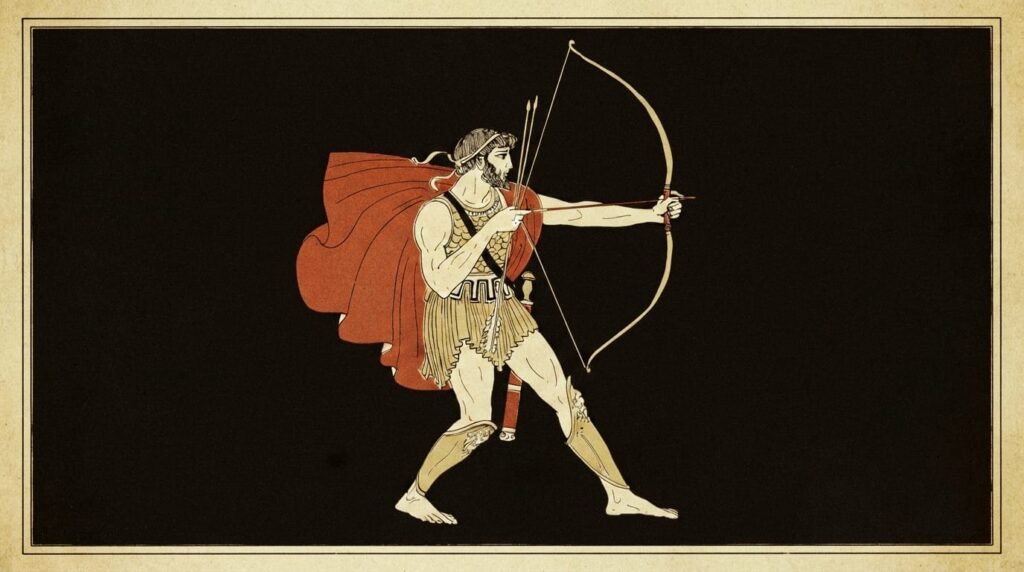 Odysseus as an ancient Greek warrior drawing a bow in a classical illustration