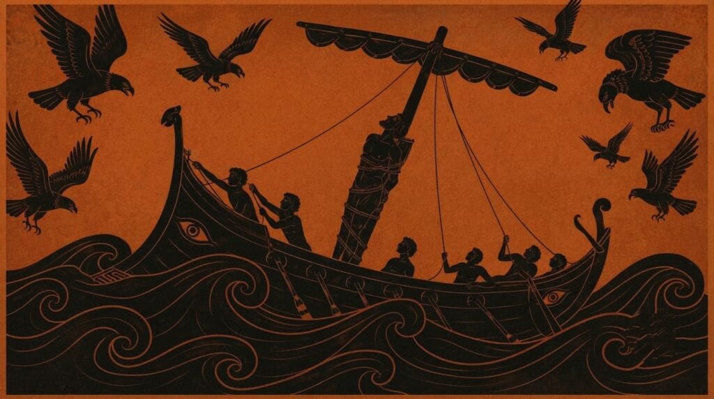 Odysseus and his crew sailing through the sea in a classical Greek-style illustration