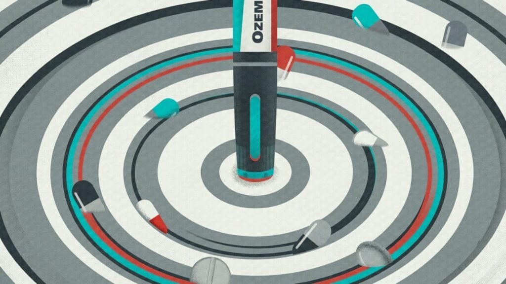 Ozempic injection pen surrounded by capsules on a target, illustrating the growing focus on affordable semaglutide treatment in India
