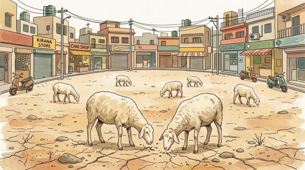 Sheep grazing in an Indian urban neighbourhood surrounded by shops and buildings, illustrating the shrinking grazing spaces faced by pastoral communities.