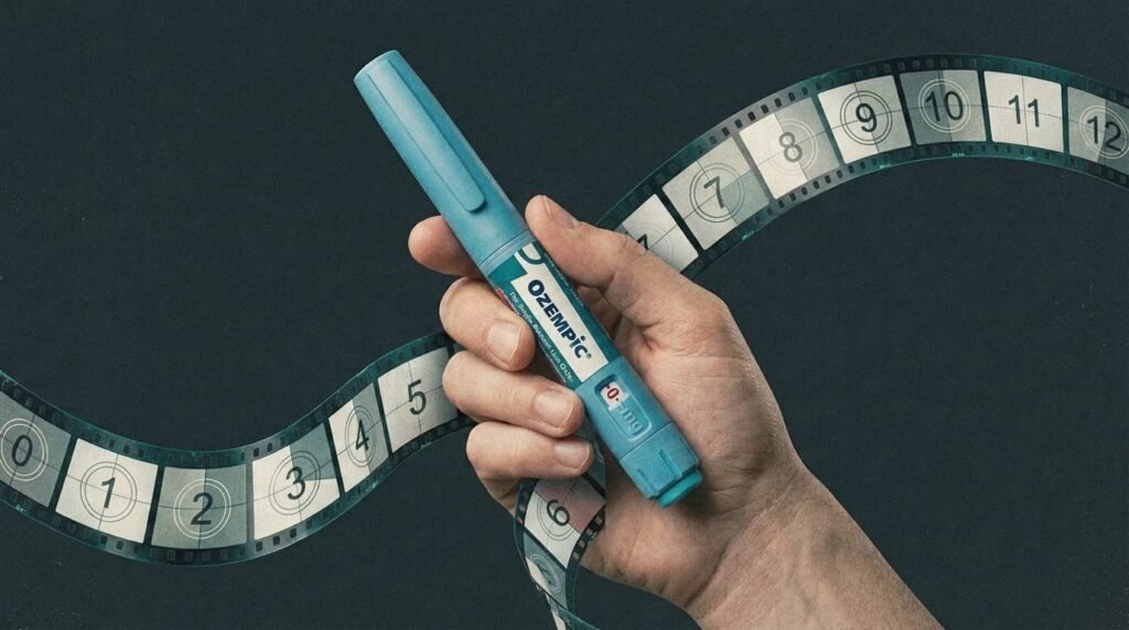 Ozempic injection pen held against a film strip, symbolizing Hollywood’s growing association with semaglutide and weight loss