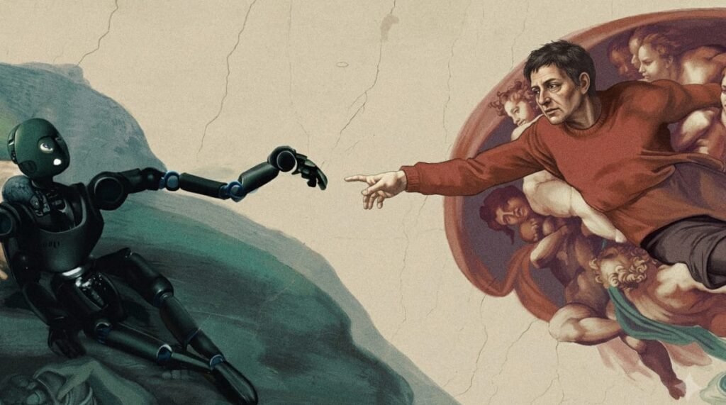“AI robot reaching toward a human in a modern reinterpretation of Michelangelo’s Creation of Adam, symbolizing artificial intelligence and the future of humanity”