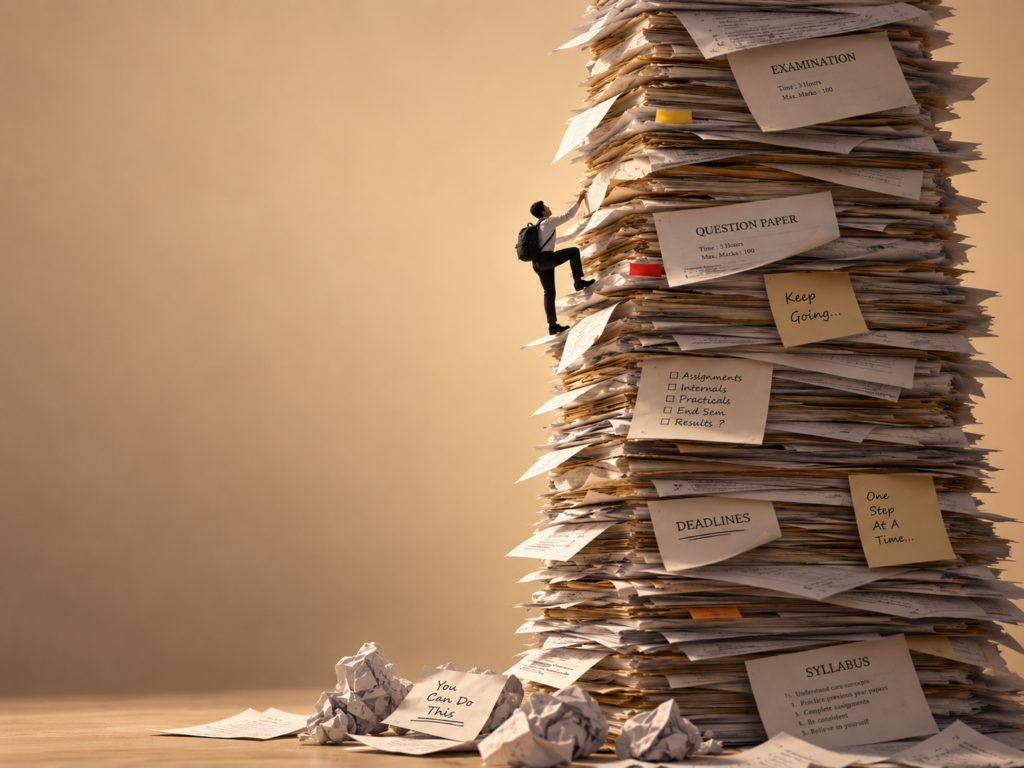 Student climbing a towering pile of examination papers representing intense exam pressure, competition and the struggle for medical seats