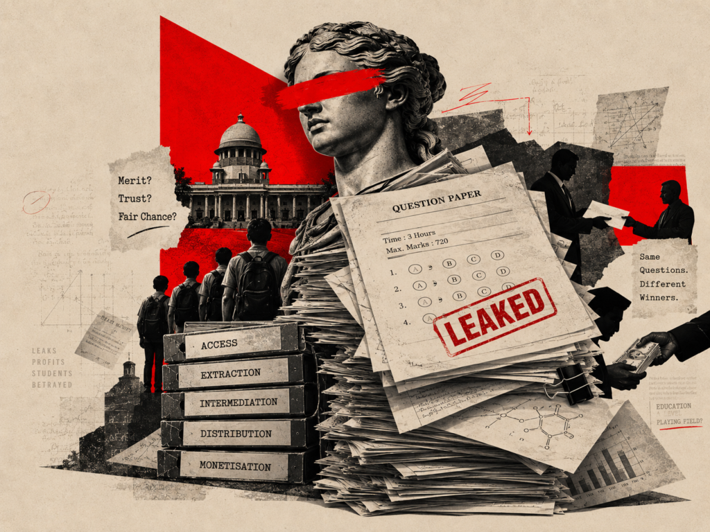 NEET exam paper leak illustration showing students, a leaked question paper, Supreme Court, intermediaries and the money trail behind exam paper leaks