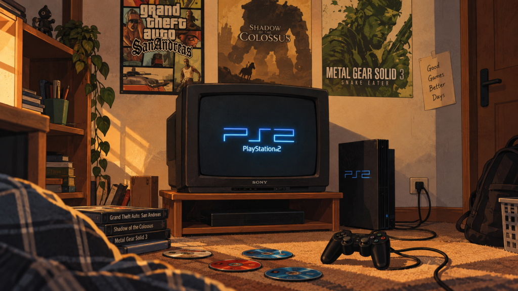 “Retro gaming setup with a PlayStation 2, CRT television, game discs and classic video game posters, representing the nostalgia of owning physical media and technology.”