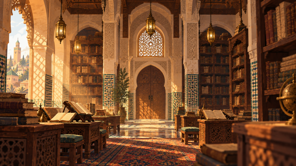 Sunlit interior of a Moroccan Islamic library with carved wooden reading desks, open manuscripts, hanging brass lanterns, and an arched door, with a minaret visible through the window.