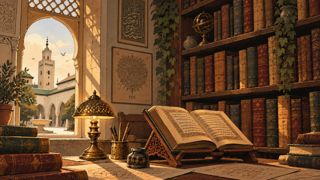 Close-up of an open illuminated manuscript on a wooden stand in a Moroccan library, with a brass lamp, ink pots, and shelves of leather-bound books, and a mosque courtyard visible through the window.
