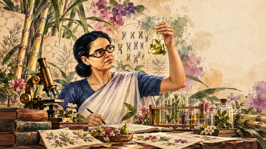 Dr. E.K. Janaki Ammal, Indian botanist and cytogeneticist, conducting plant genetics research with a microscope and laboratory equipment.