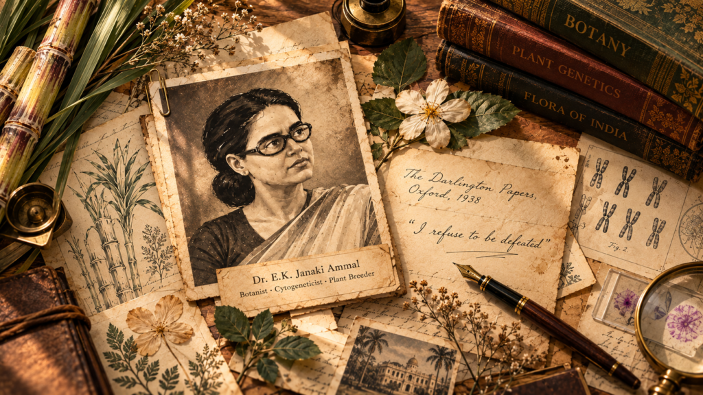 Dr. E.K. Janaki Ammal historical collage featuring her portrait, plant genetics research, botanical illustrations, scientific papers and books.