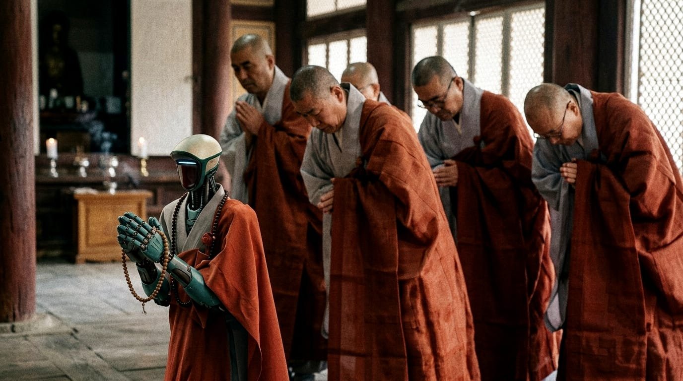 “Robot Buddhist monk in Seoul wearing traditional Buddhist robes and prayer beads alongside Buddhist monks during a temple ceremony”