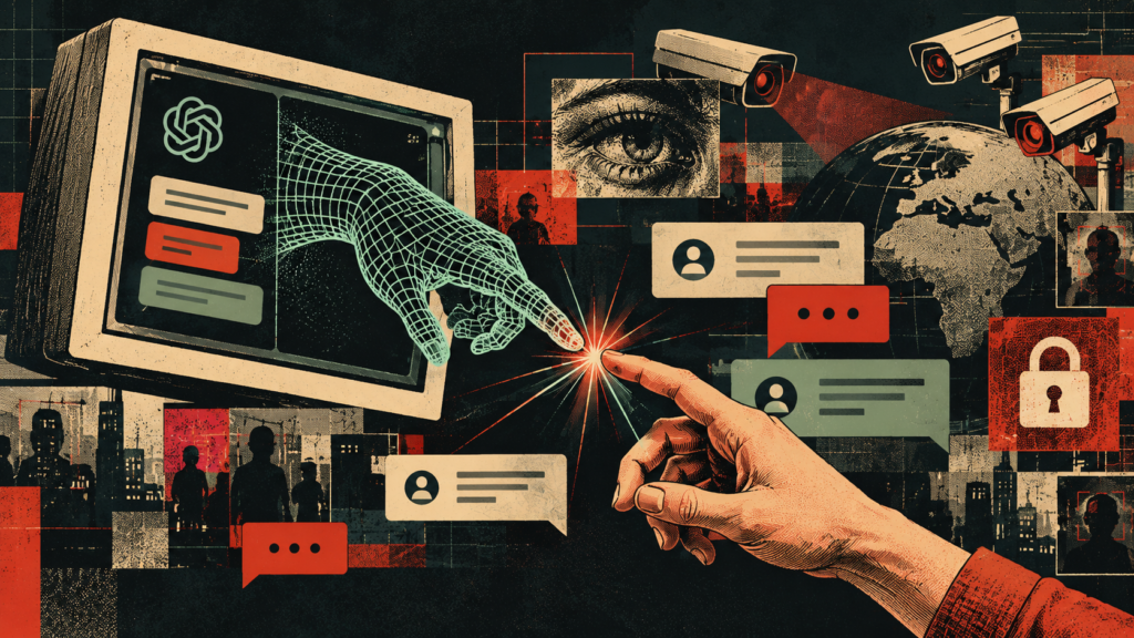 “Illustration of an AI-powered surveillance system monitoring a server room with facial recognition and security cameras, representing AI cybersecurity and runtime protection.”