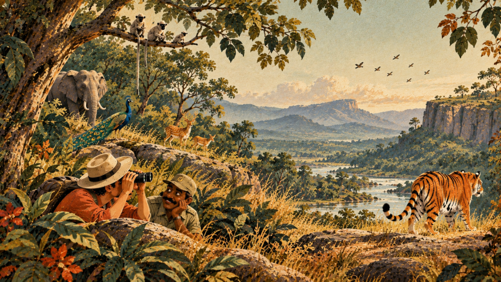 Vintage illustration of a Bengal tiger walking through an Indian forest surrounded by golden grass, hills and wildlife, capturing the beauty of a safari experience.