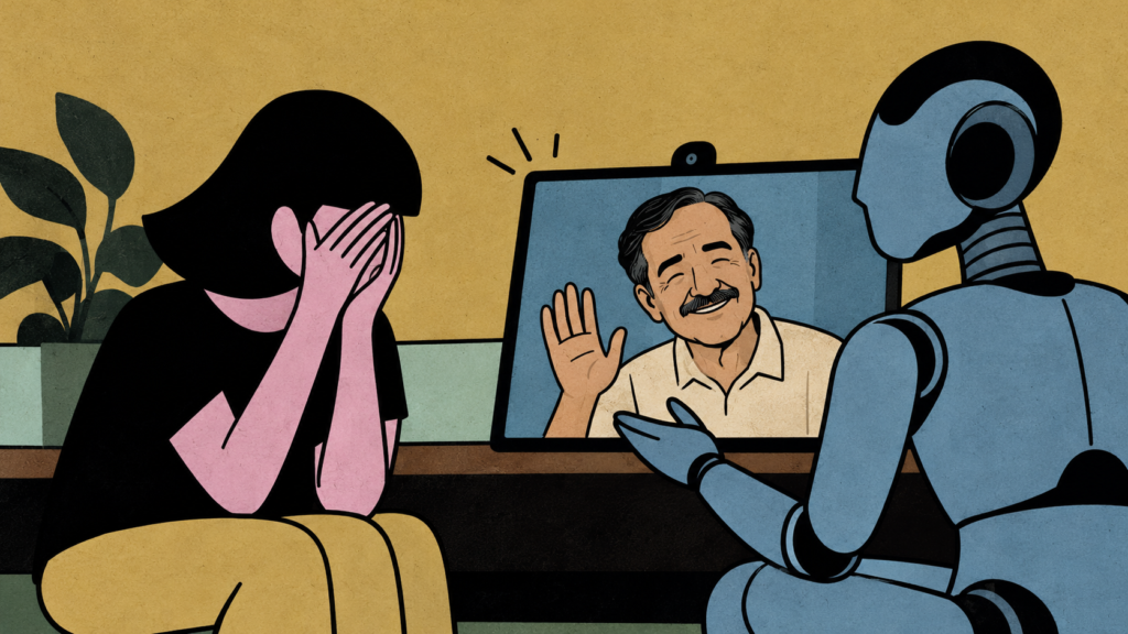 Illustration of a grieving woman interacting with an AI robot while watching her deceased loved one on a screen, representing AI grief tech, digital memorials and the emotional impact of recreating lost loved ones.