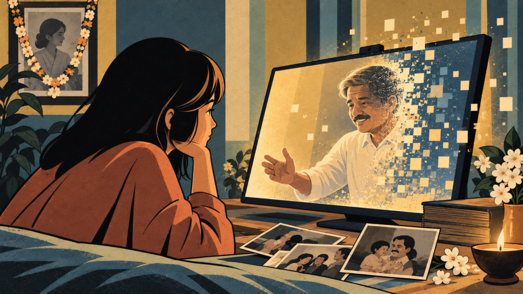 Illustration of a woman watching an AI-generated video of her deceased father on a computer, surrounded by family photographs, representing grief tech, digital afterlife technology and AI recreations of lost loved ones.