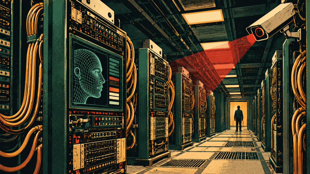 Illustration of AI interacting with a human through digital systems, surveillance cameras and personal data, representing AI security, privacy and the Echo Chamber attack.