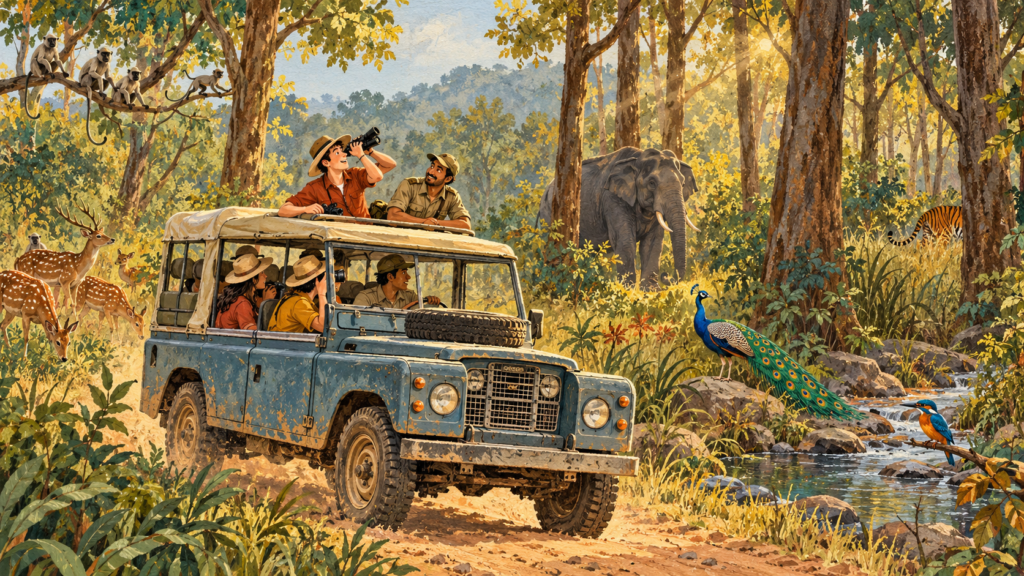 Illustrated safari jeep carrying tourists through an Indian forest with elephants, deer and peacocks, highlighting responsible wildlife tourism and safari etiquette.